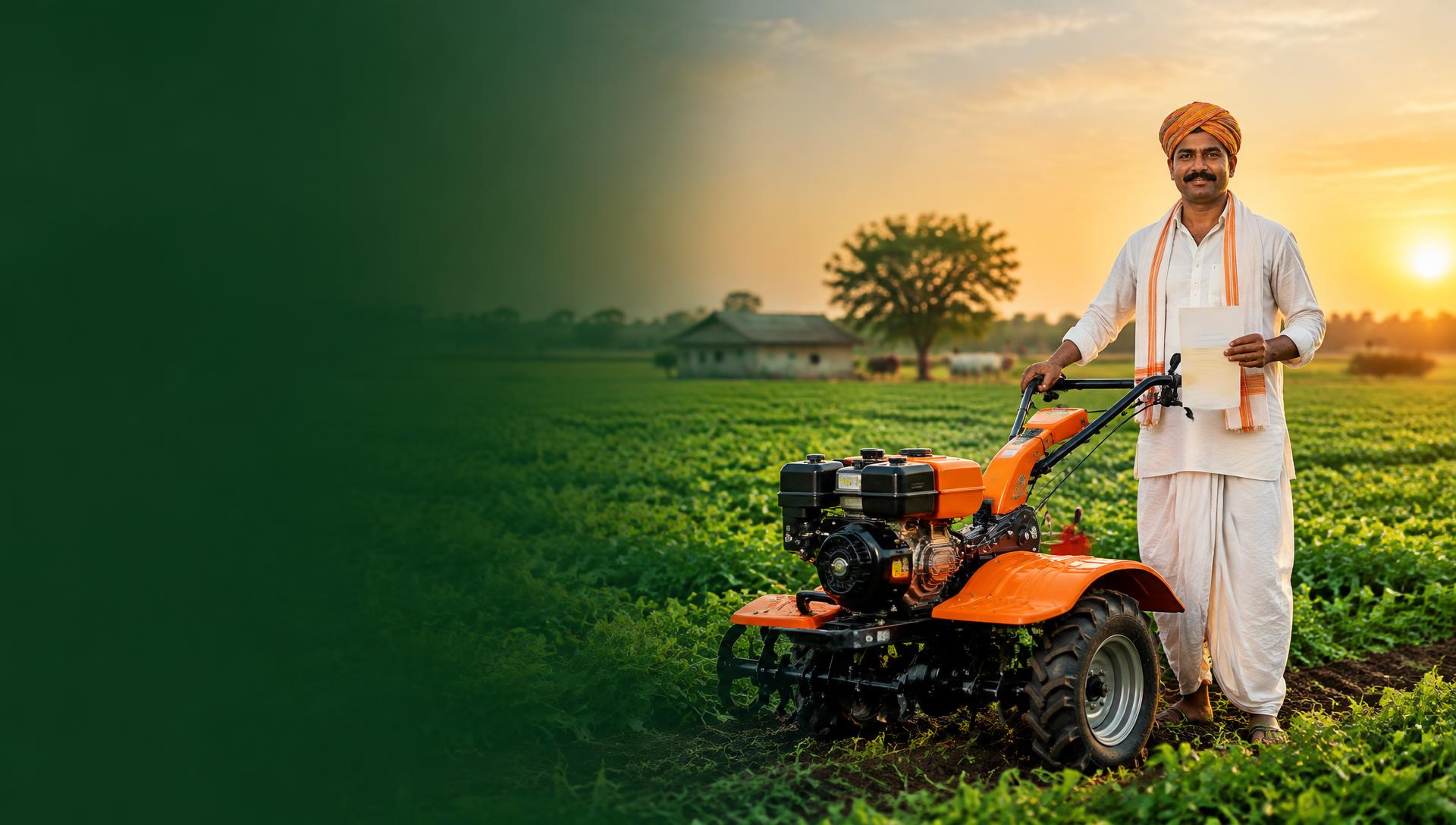 Indian farmer with a Realish power weeder representing EMI and subsidy guidance